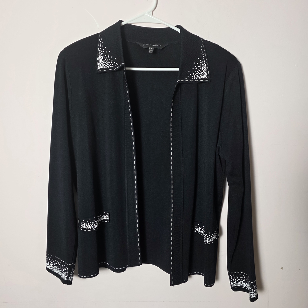 Ming Wang Black Knit Jacket Cardigan Rhinestone Trim Open Front Classic Size S